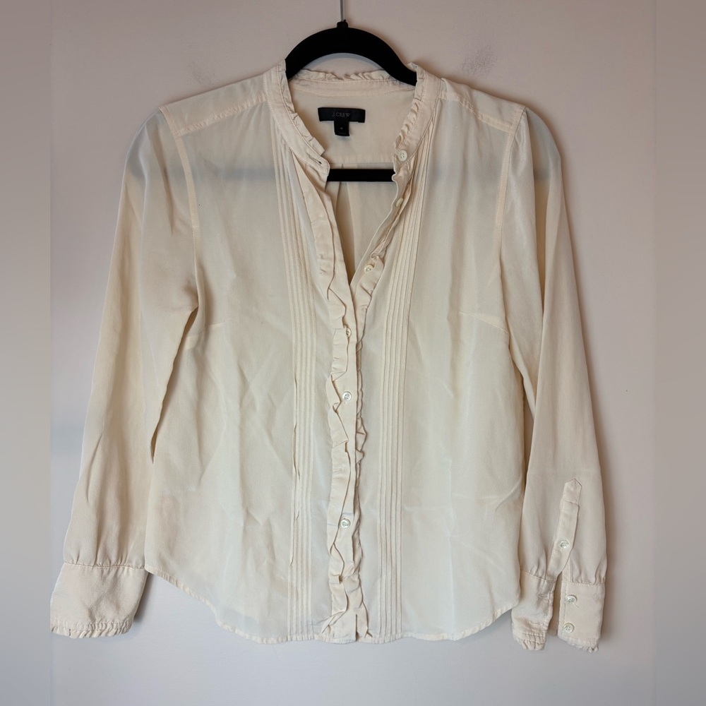 J Crew Women's Ruffle Silk Button-Up Blouse Size 4 Cream Minimalist